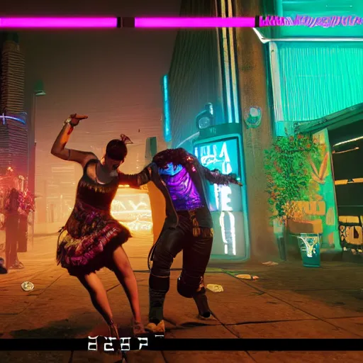 Image similar to Dancing hippies Cyberpunk 2077. CP2077. 3840 x 2160