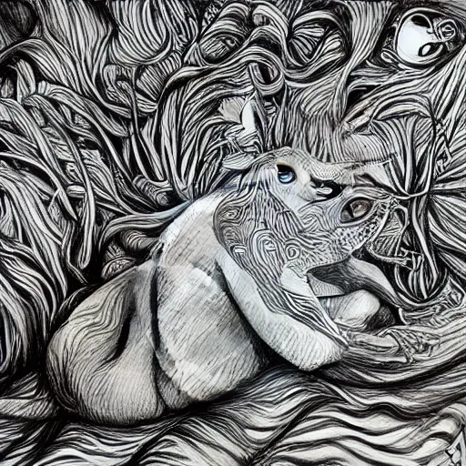 Image similar to surreal creatures drawn in ballpoint pen shading