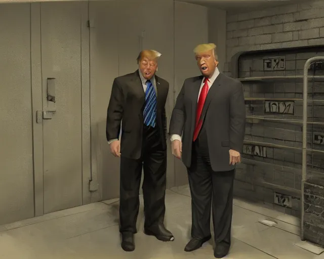 Prompt: Alex Jones and Donald Trump standing in a jail cell, craig mullins, octane