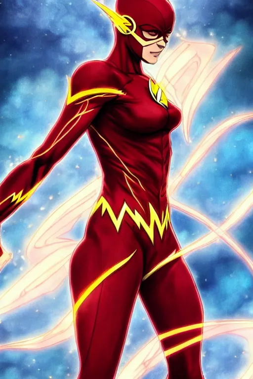 Prompt: anime key visual of a beautiful female the flash!! intricate, red, black, gold suit, powers, speed, lightning hate, dc comics, cinematic, stunning, highly detailed, digital painting, artstation, smooth, hard focus, illustration, art by artgerm and greg rutkowski and alphonse mucha