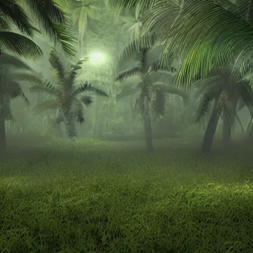 Prompt: the dark tropical forest in the early morning, ground perspective, photo realistic, realistic rendering, 8 k, super detailed