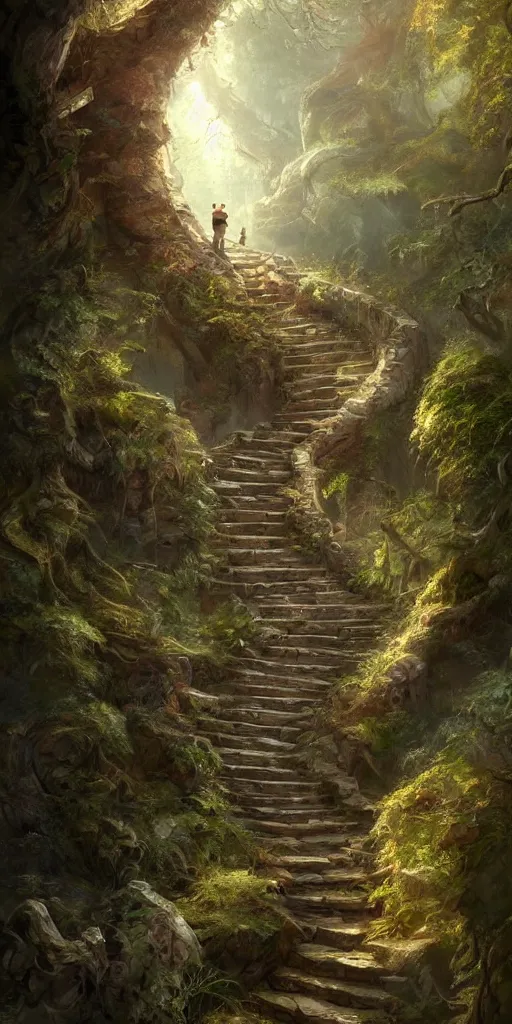 Image similar to a man walking up a steep and winding staircase, in magical woods, intricate, elegant, highly detailed, digital painting, artstation, concept art, sharp focus, beautiful illustration, by justin gerard and artgerm, 8 k