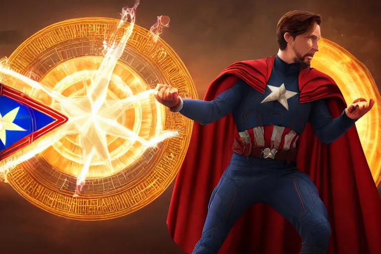 Prompt: photograph of captain america casting spells through his shield, wearing doctor strange's outfit, nvidia, highly detailed, concept art, illustration, cinematic