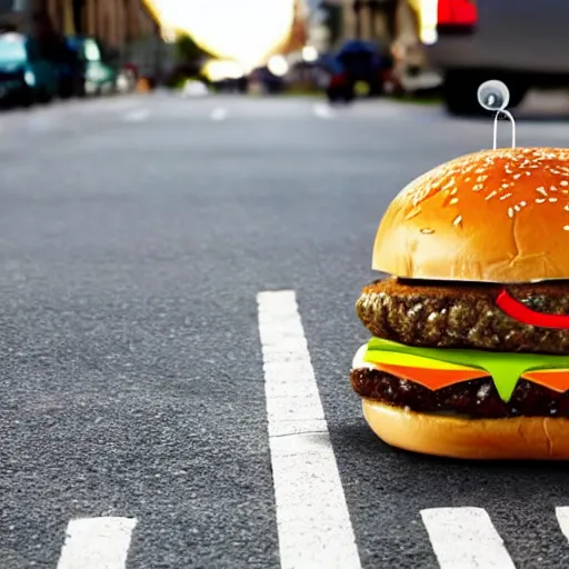 Prompt: a cheeseburger crossing the street