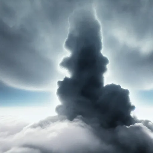 Image similar to an eternal being that lives above the clouds, realistic lighting, aerial view, creepy atmosphere