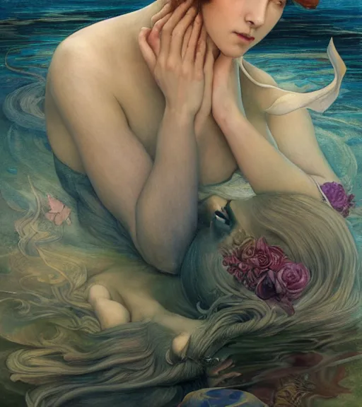 Prompt: underwater dream of the maiden, by annie swynnerton and tino rodriguez and charlie bowater and tom bagshaw and nicholas roerich and jean delville and evelyn de morgan and lucien freud, dramatic lighting, floral tattoos, rich colors, smooth sharp focus, anime key visual, extremely detailed, adolf wolfli