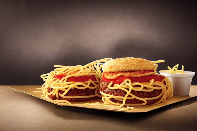 Image similar to mcdonalds spaghetti burger, commercial photography