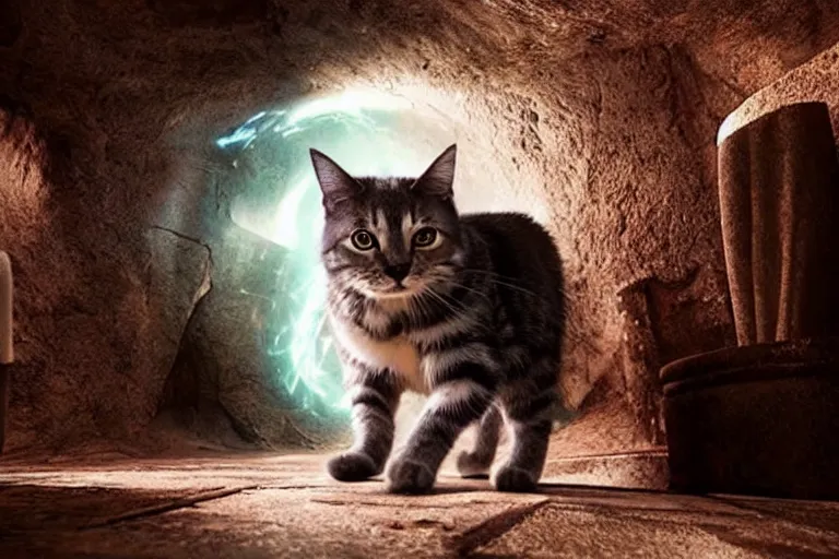 Prompt: futuristic VFX movie of a cat walking through a wizards magic underground lair,natural lighting by Emmanuel Lubezki