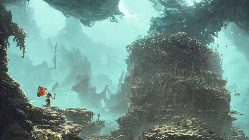 Prompt: An diver is under the sea, he has a treasure with him, he is swimming away from the giant Ryūjin that is behind hunting him, this is an extravagant planet with wacky wildlife and some mythical animals, the background is full of ancient ruins, the ambient is dark with a terrifying atmosphere, by Jordan Grimmer digital art, trending on Artstation,