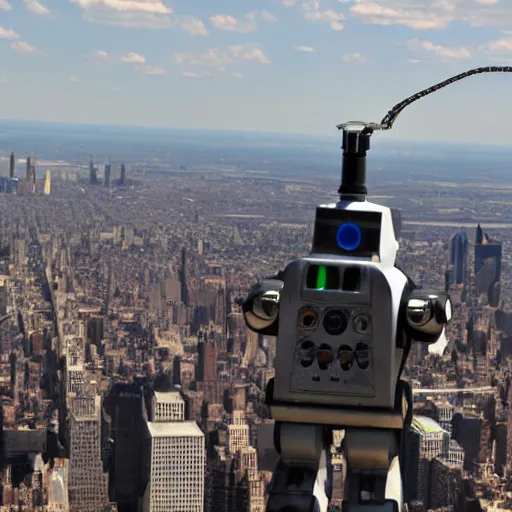 Image similar to An antropomorphic robot with a gun climbs to the empire state building