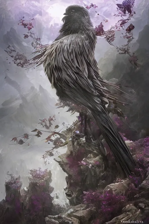 Image similar to portrait of a beautiful one raven perched on purple crystals that are glowing in a misty valley, establishing shot, extremly high detail, foto realistic, cinematic lighting, by yoshitaka amano, ruan jia, kentaro miura, artgerm, post processed, concept art, artstation, raphael lacoste, alex ross