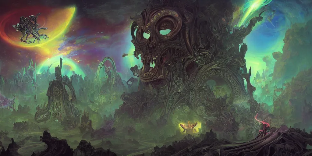 Image similar to gigantic demonic cosmic skull of death, outer space, fantasy painting, ultra realistic, dmt, symmetrical, wide angle, intricate details, digital painting, rainbowshift, vivid colors, highly detailed by peter mohrbacher, h. r. giger, maxfield parrish, alphonse mucha, craig mullins, octane render, cgi