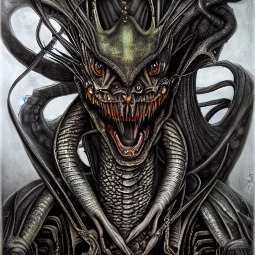 Image similar to Giger portrait of queen dragon, Dragon in dragon lair, HD, full body dragon concept, flying dragon, soft shading, hyperdetailed, wide angle lens, fantasy, futuristic horror, style of giger