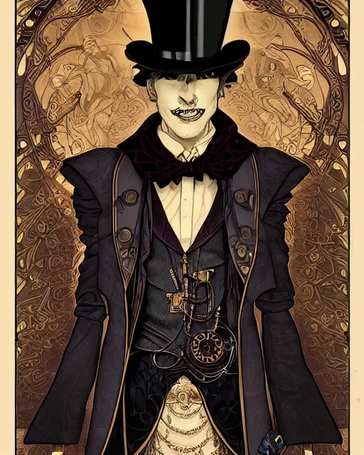 Prompt: a detailed portrait illustration of a steampunk magus. beautiful androgynous face. top hat. art nouveau, pop art, comic book style. influenced by neil gaiman, h. p. lovecraft, dan mumford, brian froud, vadim voitekhovitch, killian eng, ross tran, android jones.