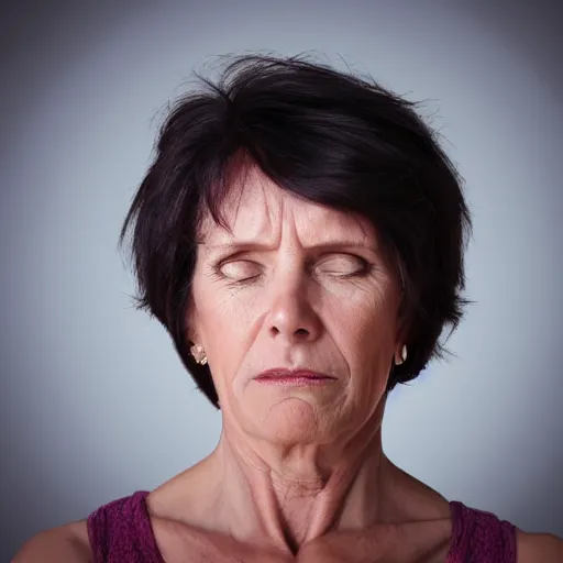 Image similar to realistic, portrait of a 55-years old woman not knowing what to say