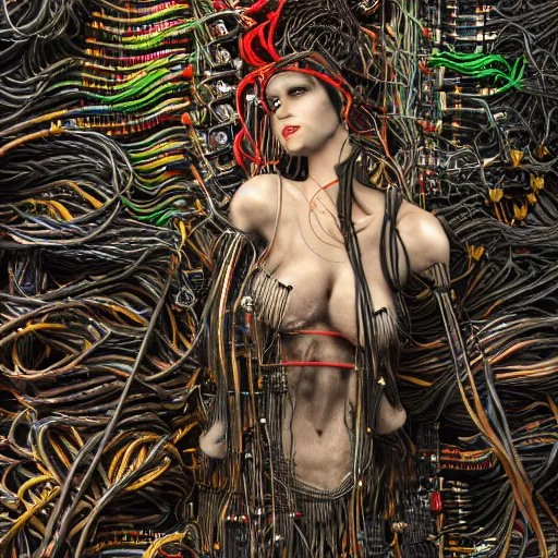 Image similar to piles of modular synth cables mixed with mangrove roots mixed with old video game consoles, puerto rican grafitti goddess chilling out wearing a headpiece made of circuit boards, by cameron gray, wlop, stanley kubrick, masamune, unique perspective, epic, trending on artstation, photorealistic, 3 d render, vivid