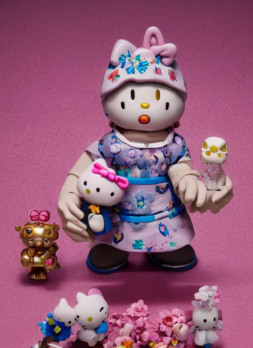 Image similar to product photography of a claymation action figure joe rogan hello kitty, depth of field, zeiss lens, detailed, centered, by erwin olaf, joop geesink, wes anderson, breathtaking, 8 k resolution, extremely detailed, beautiful, establishing shot, realistic materials, hyperrealistic