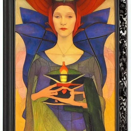 Prompt: the dawn queen with her lantern, by annie swynnerton and diego rivera and nicholas roerich, symbolist, dramatic lighting, elaborate geometric ornament, art brut, smooth, sharp focus, extremely detailed, leo and diane dillon, adolf wolfli, soft pastel colors