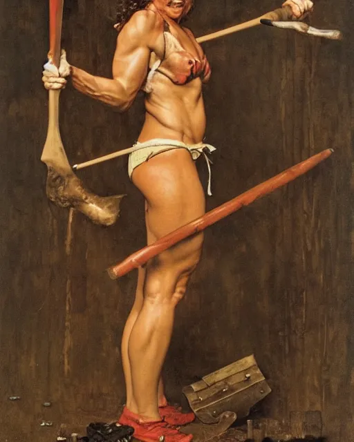 Image similar to portrait of a savage muscular barbarian female, by norman rockwell