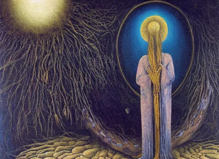 Image similar to A shaman holding up the universe, by Remedios Varo, reflection, symbolist, soft colors, dramatic lighting, smooth, sharp focus, extremely detailed, aesthetically pleasing composition