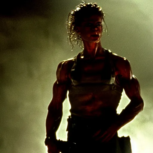 Image similar to muscular soldier with rock - like skin texture, still from the movie aliens, fog, dramatic lighting