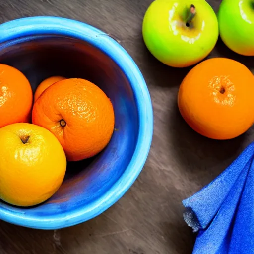 Prompt: A single blue apple in a bowl full of oranges, one blue apple, ten oranges, 4k, photo, hd,