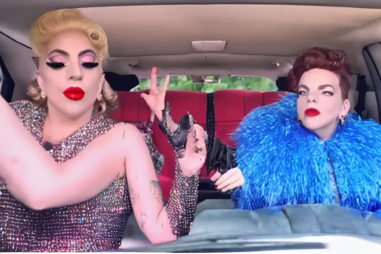 Image similar to lady gaga and judy garland doing carpool karaoke, lady gaga and judy garland, carpool karaoke, lady gaga, judy garland, carpool karaoke, youtube video screenshot, the late late show with james corden