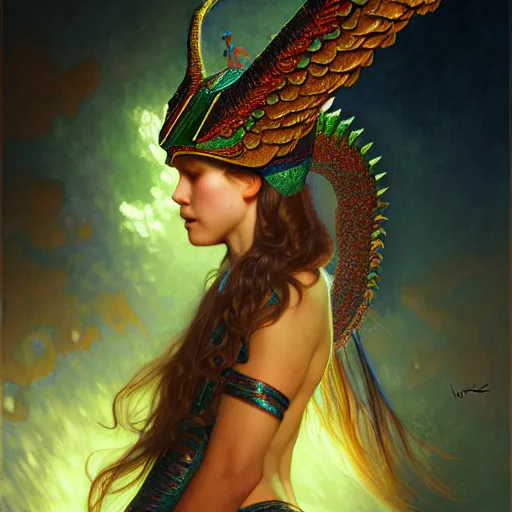 Image similar to a quetzalcoatl, diffuse lighting, fantasy, intricate, elegant, highly detailed, lifelike, photorealistic, digital painting, artstation, illustration, concept art, smooth, sharp focus, art by john collier and albert aublet and krenz cushart and artem demura and alphonse mucha