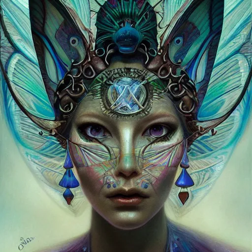Image similar to beautiful closeup portrait of an art moderne fairy queen, glowing eyes. reflective detailed textures, moth wings, highly detailed dark fantasy science fiction painting by donato giancola and peter mohrbacher and nicholas roerich and diego rivera, elaborate geometric ornament, ancient runes, silver and cool colors. artstation