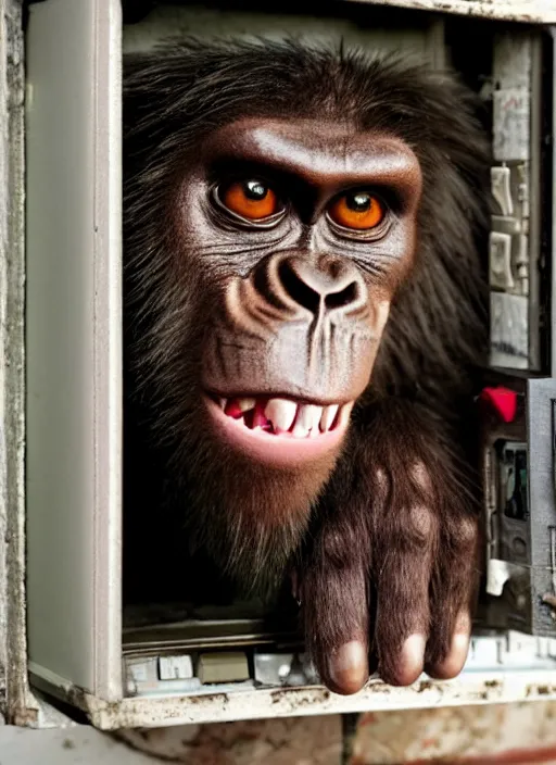 Image similar to scary half human half ape inside fuse box in post communist apartment building