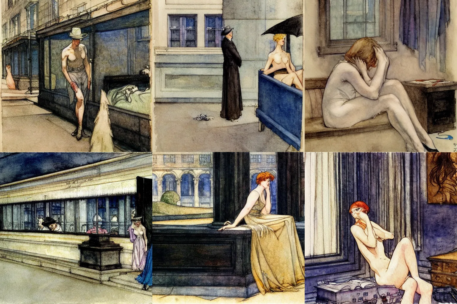 Prompt: law and lawlessness. watercolor by edward hopper, arthur rackham and milo manara