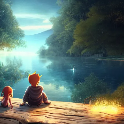 Image similar to a silver dragon and a boy sitting together next to a lake watching firefly at night in forest, concept art, dof, cryengine, digital art, detailed background, makoto shinkai