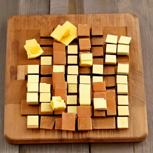 Image similar to a rubiks's cube made of gruyere, on a chees board