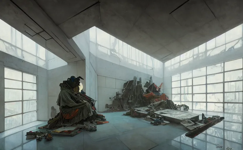 Prompt: painting of interior shot of a white concerete brutalist museum with modern contemporary abstract art on the wall by darek zabrocki and greg ruthkowski, alphonse mucha, simon stalenhag and cinematic and blue cold atmospheric, archillect concept art, artstation, trending on artstation