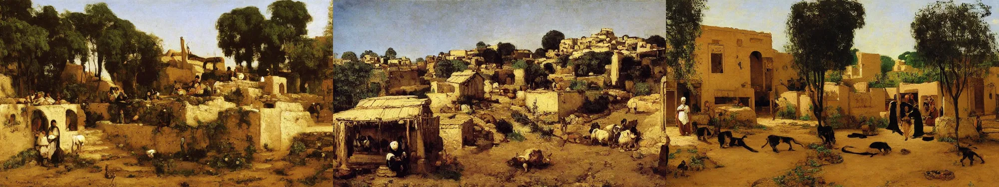 Prompt: High-Quality orientalist painting of a traditional Persian village by Gustave Courbet, very detailed, oil on canvas.