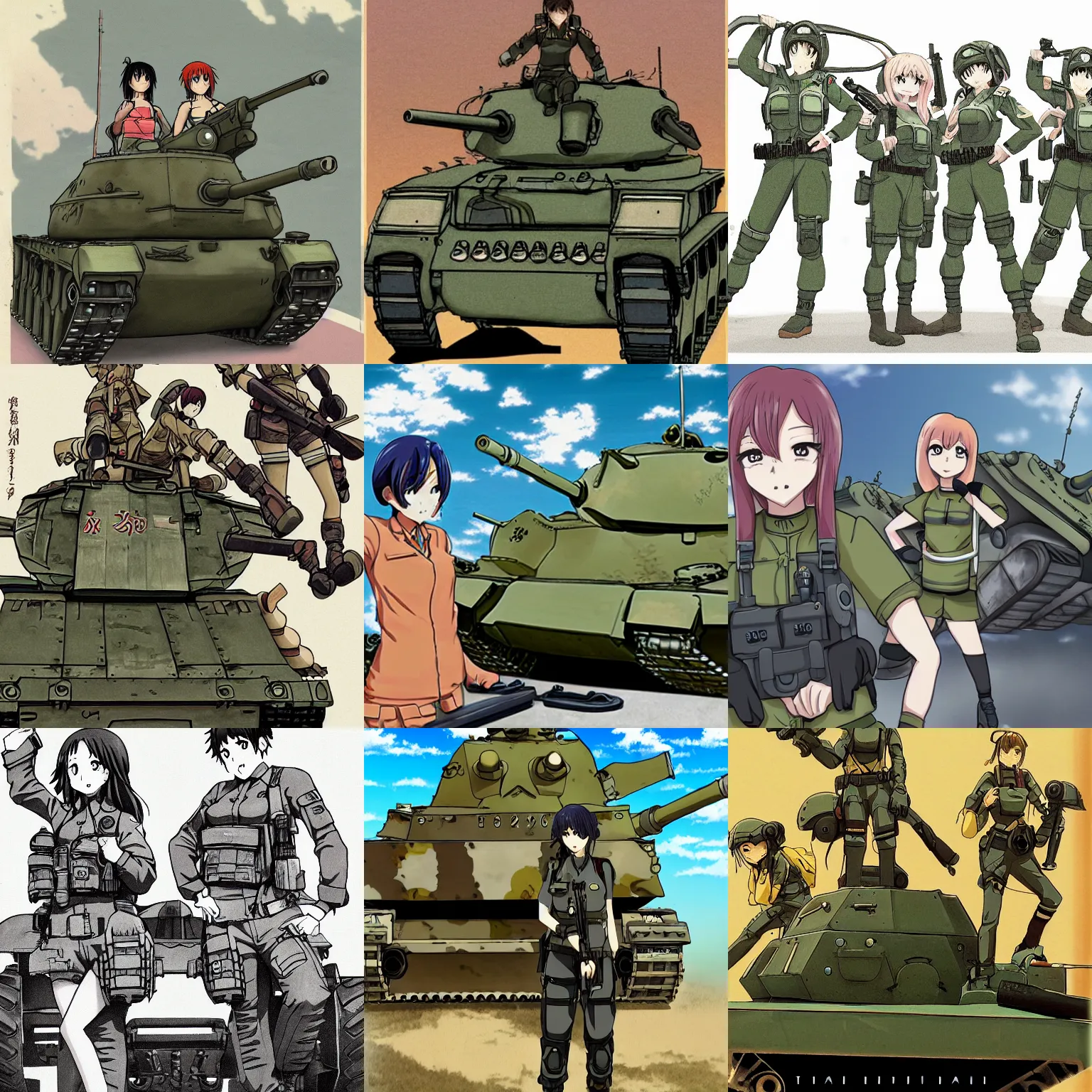 Prompt: anime illustration of female tank crew posing triumphantly next to their tank