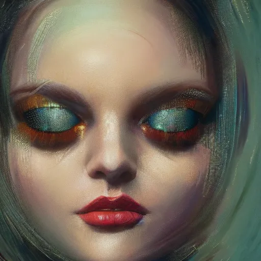 Image similar to detailed face of a woman clothed wrapped in textiles, lush, opulent, fauna, utopian, tech noir, wet reflections, prism, atmospheric, ambient, pj crook, syd mead, livia prima, artgerm, greg rutkowski, nick alm, casey baugh