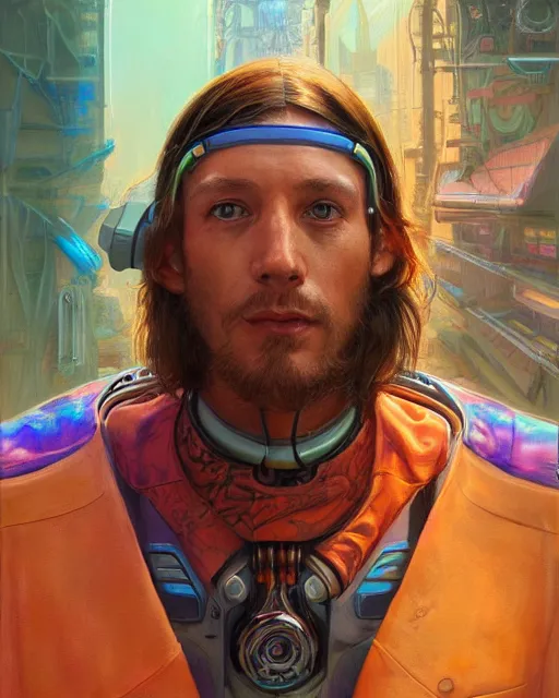 Image similar to a futuristic male hippie wearing tie - dye and cybernetic - implants | cyberpunk art | highly detailed | very intricate | symmetrical | cinematic lighting | award - winning | closeup portrait | painted by donato giancola and mandy jurgens and rossdraws and rhads | featured on artstation