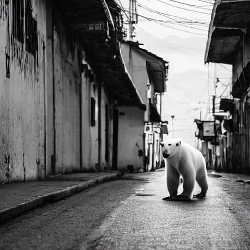 Image similar to a polar bear walking through the streets of rio de janeiro. photo. award - winning photography.