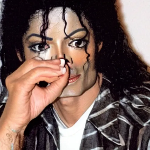 Image similar to michael jackson hidding under your bed making a silent lips sign