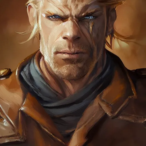 Image similar to portrait of a muscular, grim, ponytail haired blonde man in his late 30's, wearing a thick brown leather coat, looking to his side, scarred face, blue eyes, hunter, DnD character, fantasy character, dramatic lighting, digital art by Ruan Jia, Krenz Cushart, Rossdraws and Boris Vallejo