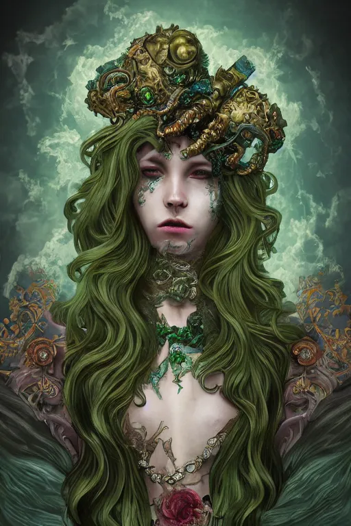 Prompt: rococo upper body portrait sigil with the intent of conquering the world lovecraftian undead zombie queen, green hair, by tian zi and wlop and alphonse mucha ornaments and gems hdr 8 k 3 d dslr hdr trending on artstation rendered with cryengine