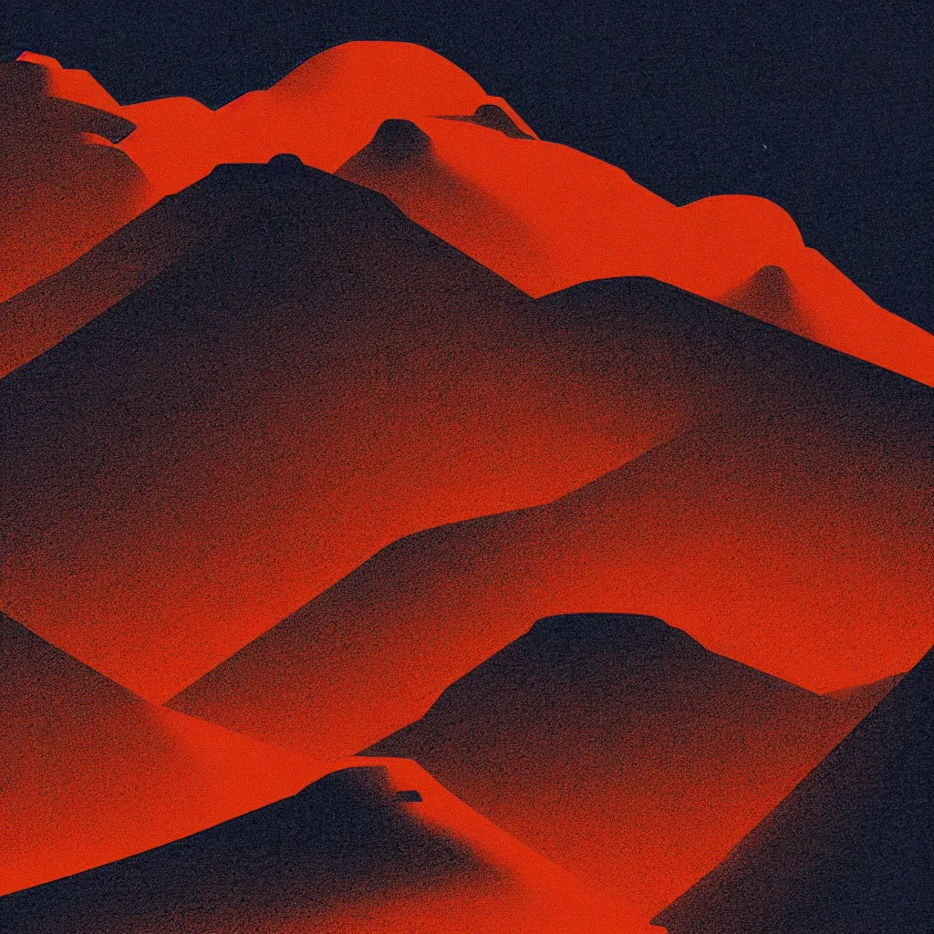 Prompt: olympus mons, mads berg, karolis strautniekas, film noir, stippled light, dramatic lighting, editorial illustration, detailed, fine texture, matte print, art deco, brutalism, dark blue + dark orange, red, black, ( ( habitat 6 7 background ) )