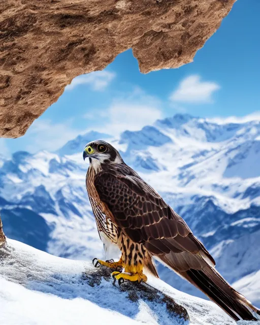 Image similar to A photo of a falcon surrounded by snowy mountains, focus on falcon, 4k