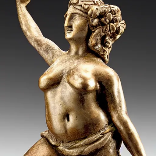 Prompt: an ancient statuette of a dancing danny devito, beautiful, priceless, hd, bejeweled, studio photography