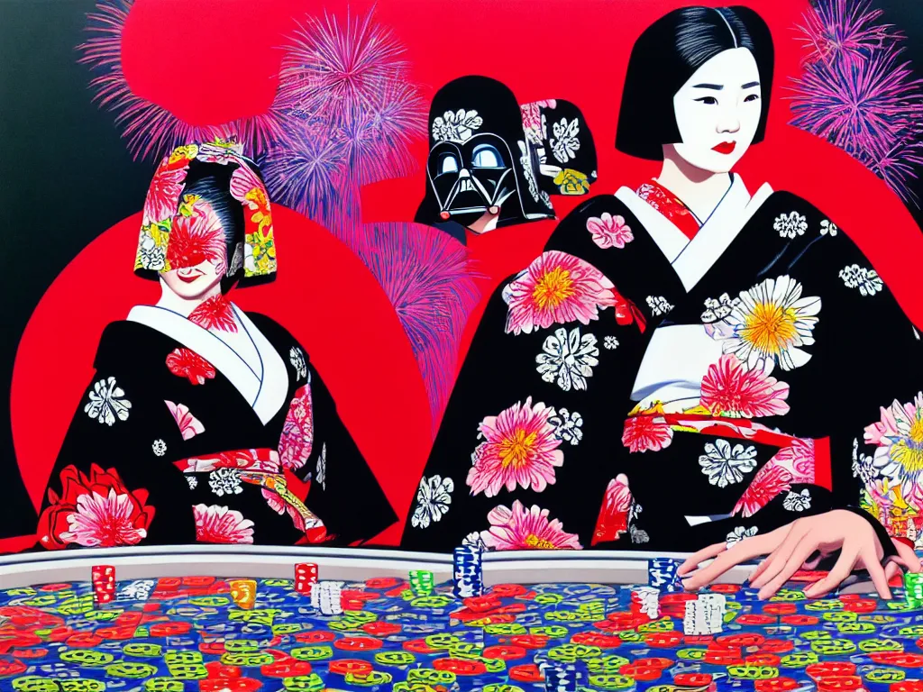 Image similar to hyperrealistic composition of the detailed woman in a japanese kimono sitting at a extremely detailed poker table with detailed darth vader, fireworks, mount fuji on the background, pop - art style, jacky tsai style, andy warhol style, acrylic on canvas