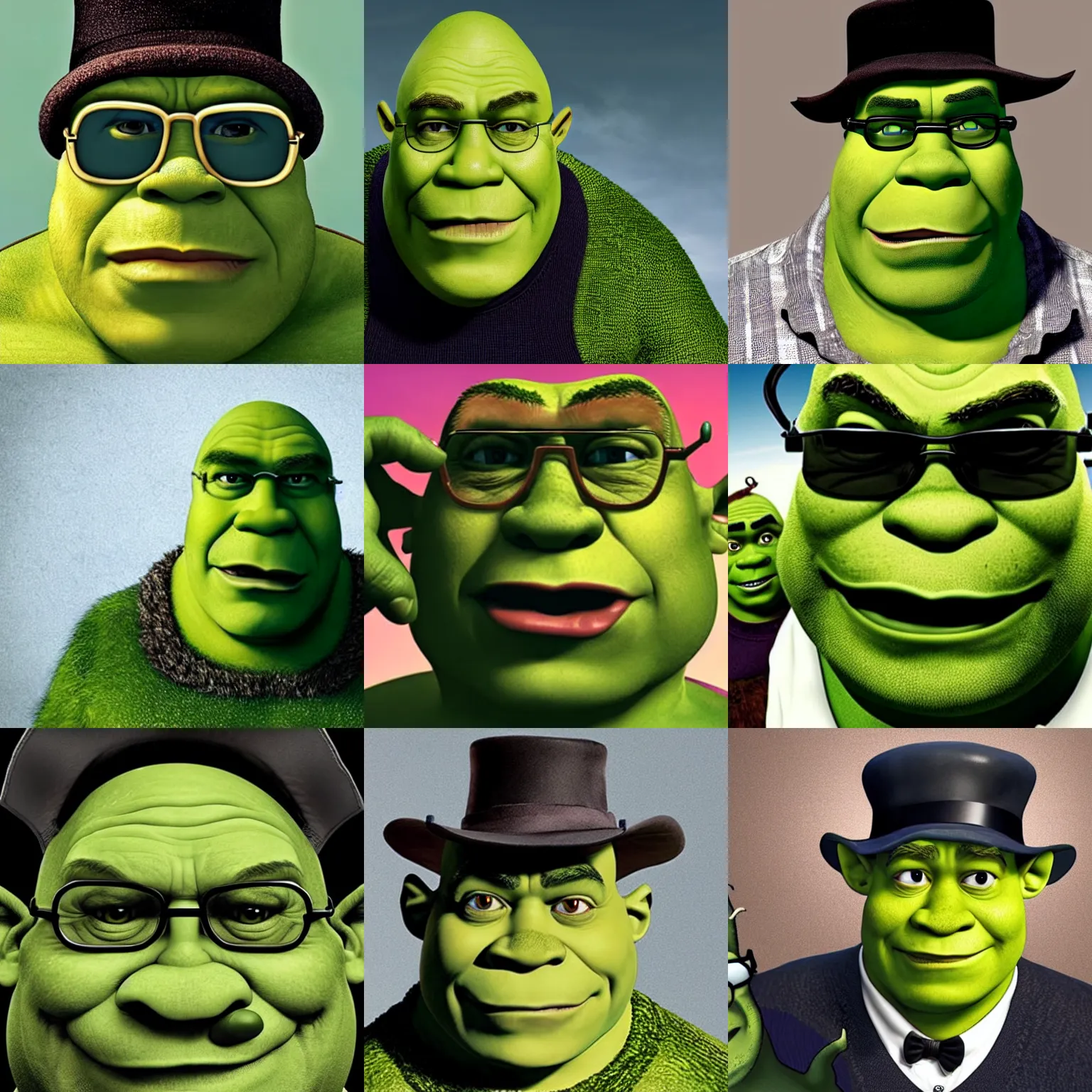 Prompt: shrek ogre that looks like walter white from breaking bad, wearing bowler hat and sunglasses