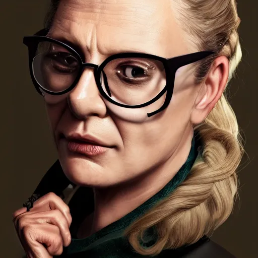 Prompt: a severe middle aged french woman with blonde hair tied in a strict bun, spectacles, lots of makeup, rich, character portrait, digital art, high quality, 8 k, detailed, d & d character,