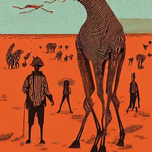 Prompt: safari on a surreal martian like world, strange unknown tall giraffe like creatures roaming the barren plains, woodblock, black fine lines on warm brown, by victo ngai, by stanley donwoood