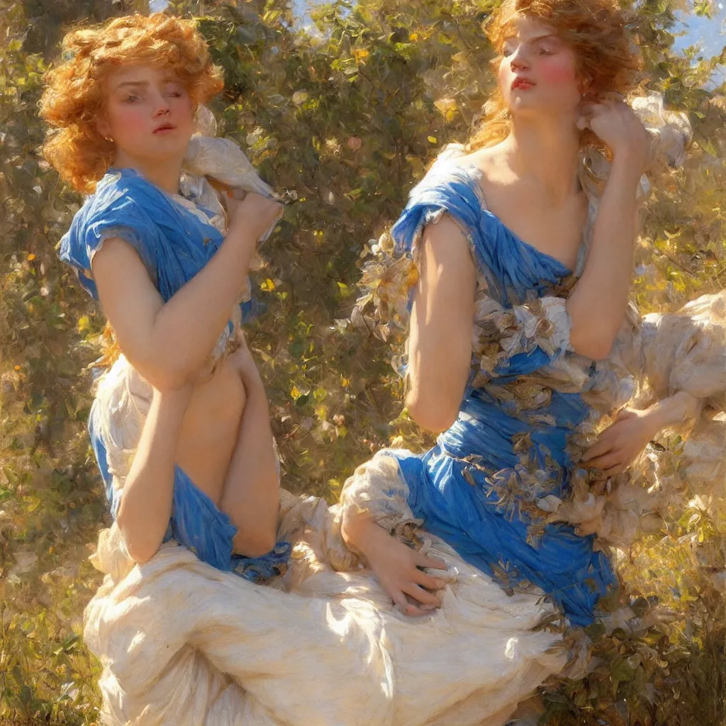 Prompt: detailed cinematic wide angle shot of beautiful attractive woman clean skin blue yese blonde hair, ultra realistic, spring light, painting by gaston bussiere, craig mullins, j. c. leyendecker